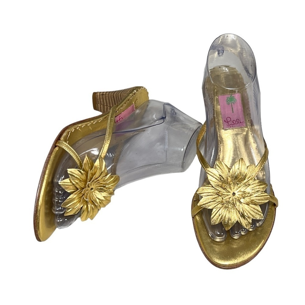 LILLY PULITZER Metallic Goldtone Leather Flower Heels